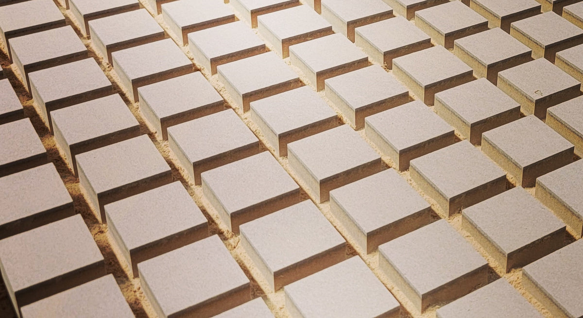 Rangées de pièces découpées dans un panneau à l’atelier